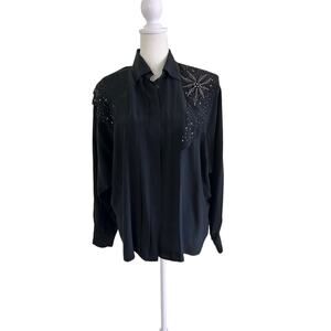 Gary Fabrikant Vintage Silk Shirt Womens SZ14 Black Beaded Evening Glam 80s 90s